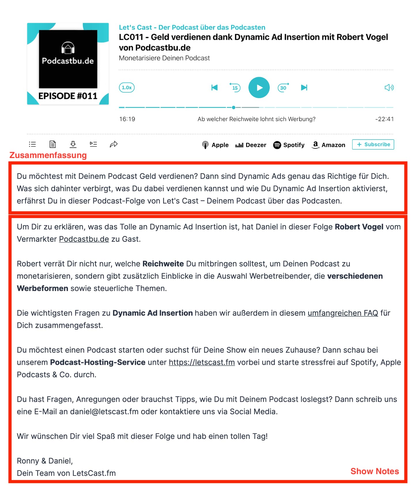 Aufteilung einer Podcast-Episode in Zusammenfassung und Show Notes.